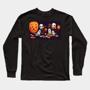 Cartoon Illustration of Ghosts and Pumpkins Surrounded by Food Long Sleeve T-Shirt